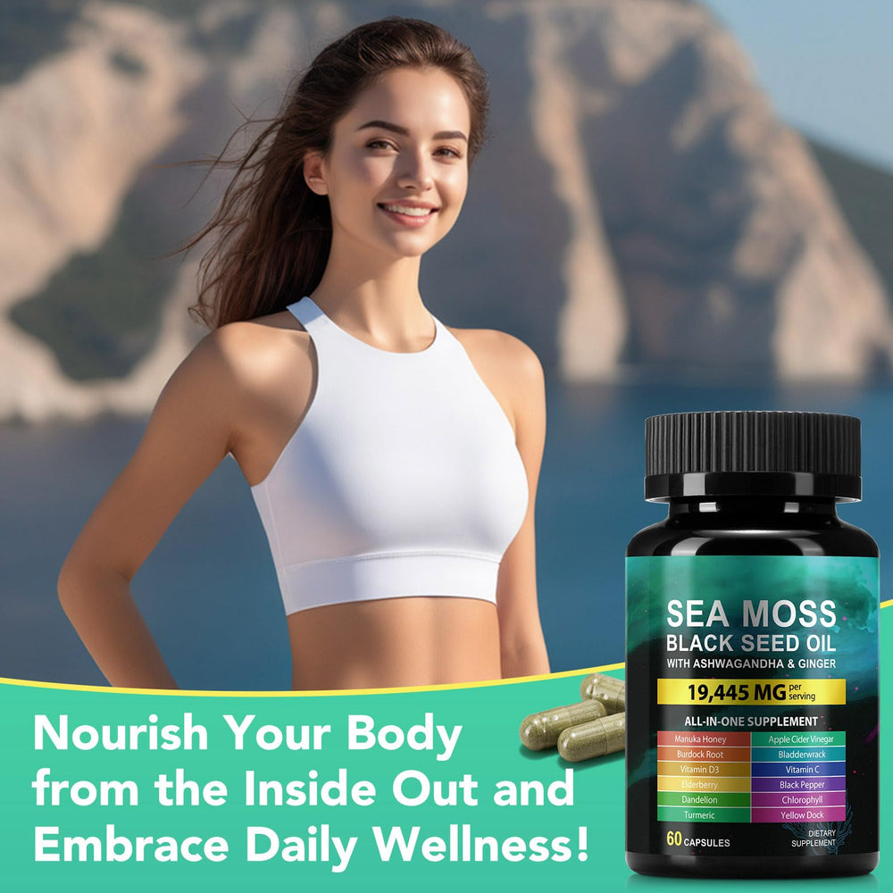 60-count bottle label for CFXYHNOX Sea Moss & Black Seed Oil Capsules