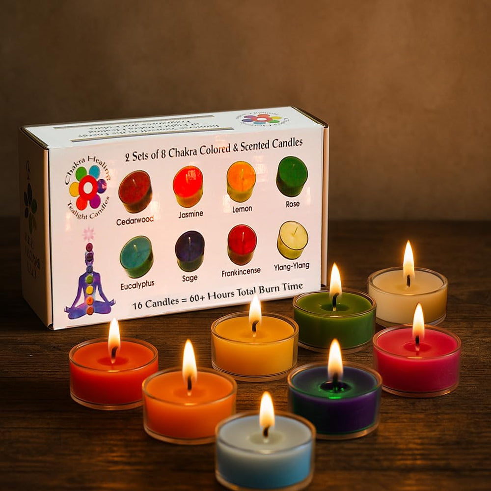 Chakra tealights displaying red, orange, yellow, green, blue, indigo, violet, and white colors