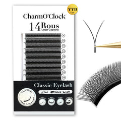CharmO'clock YY D Curl volume lashes, 8-16mm mixed lengths for faster applications.