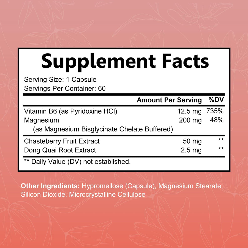 Chasteberry, dong quai and vitamin B6 ingredients for hormonal support