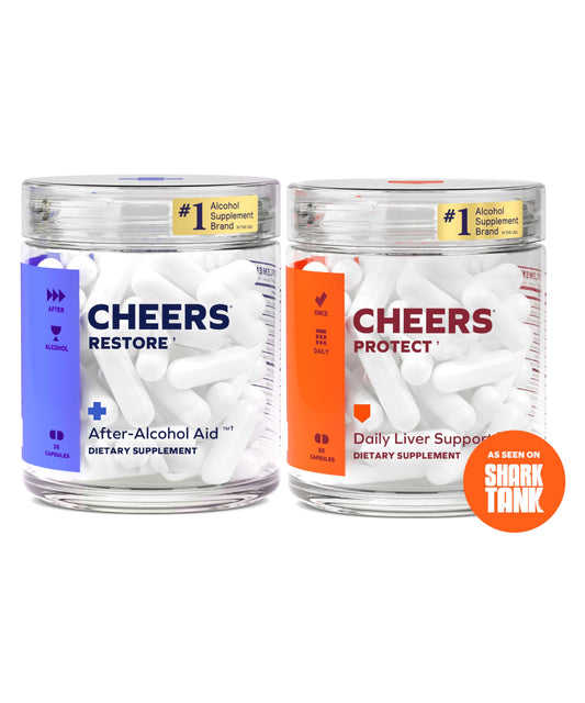 Cheers Liver Combo bottle front showing post-drink support option.