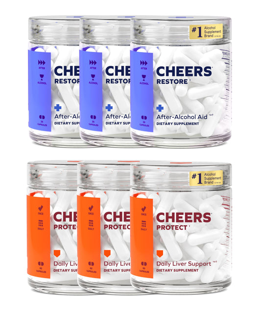 Cheers Liver Combo Restore bottle with capsules for post-drinking support.