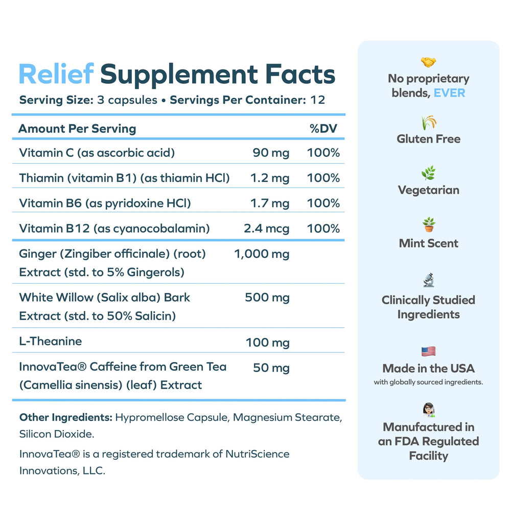 Cheers Relief showing caffeine for gentle daytime energy after drinking.