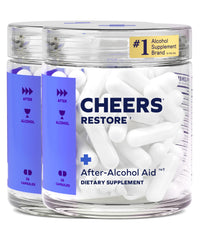 Cheers Restore bottle and box on counter for after-drinking support