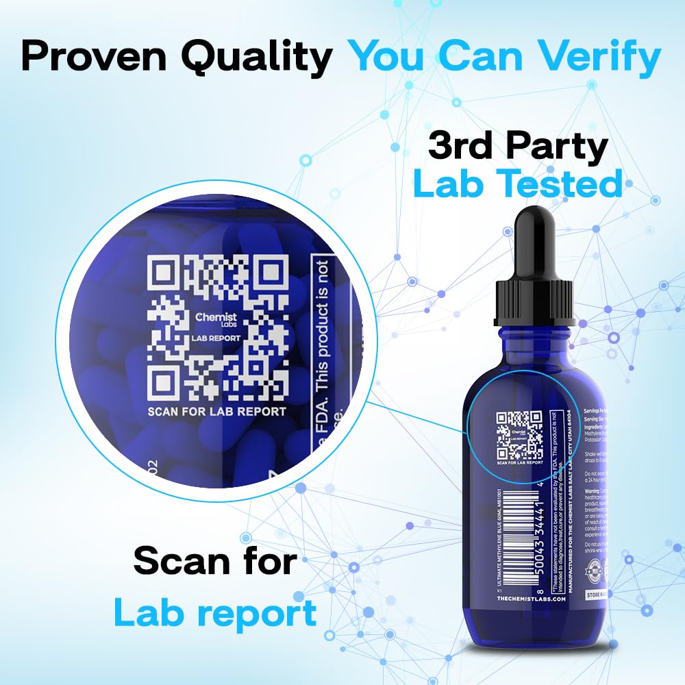 Chemist Labs logo beside methylene blue bottle