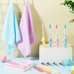 Colorful towels included in the hygiene kit (pink, blue, yellow, purple)