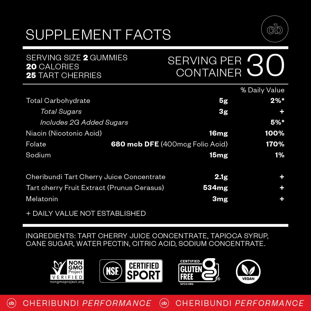 Nutrition facts panel for Cheribundi Tart Cherry Gummies Sleep