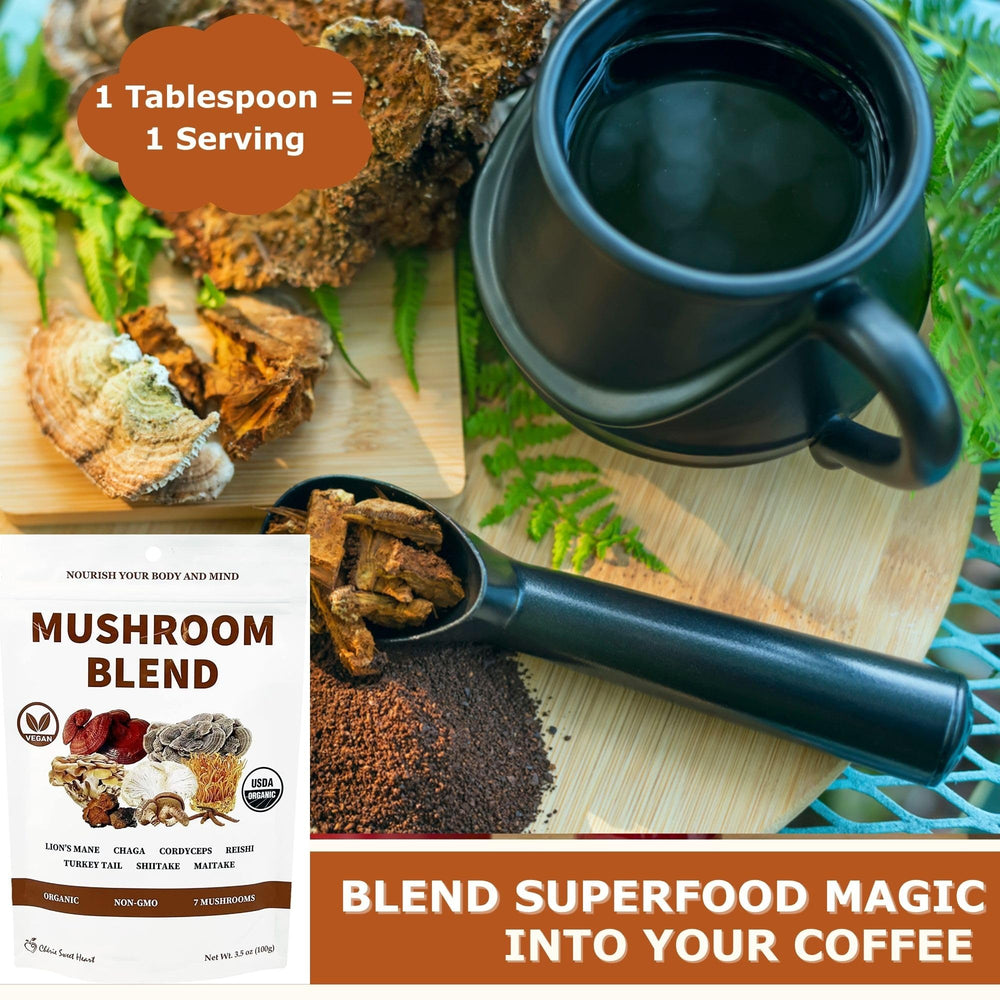 Powder being added to a beverage for serving Cherie Sweet Heart 7 Mushroom Extract Powder
