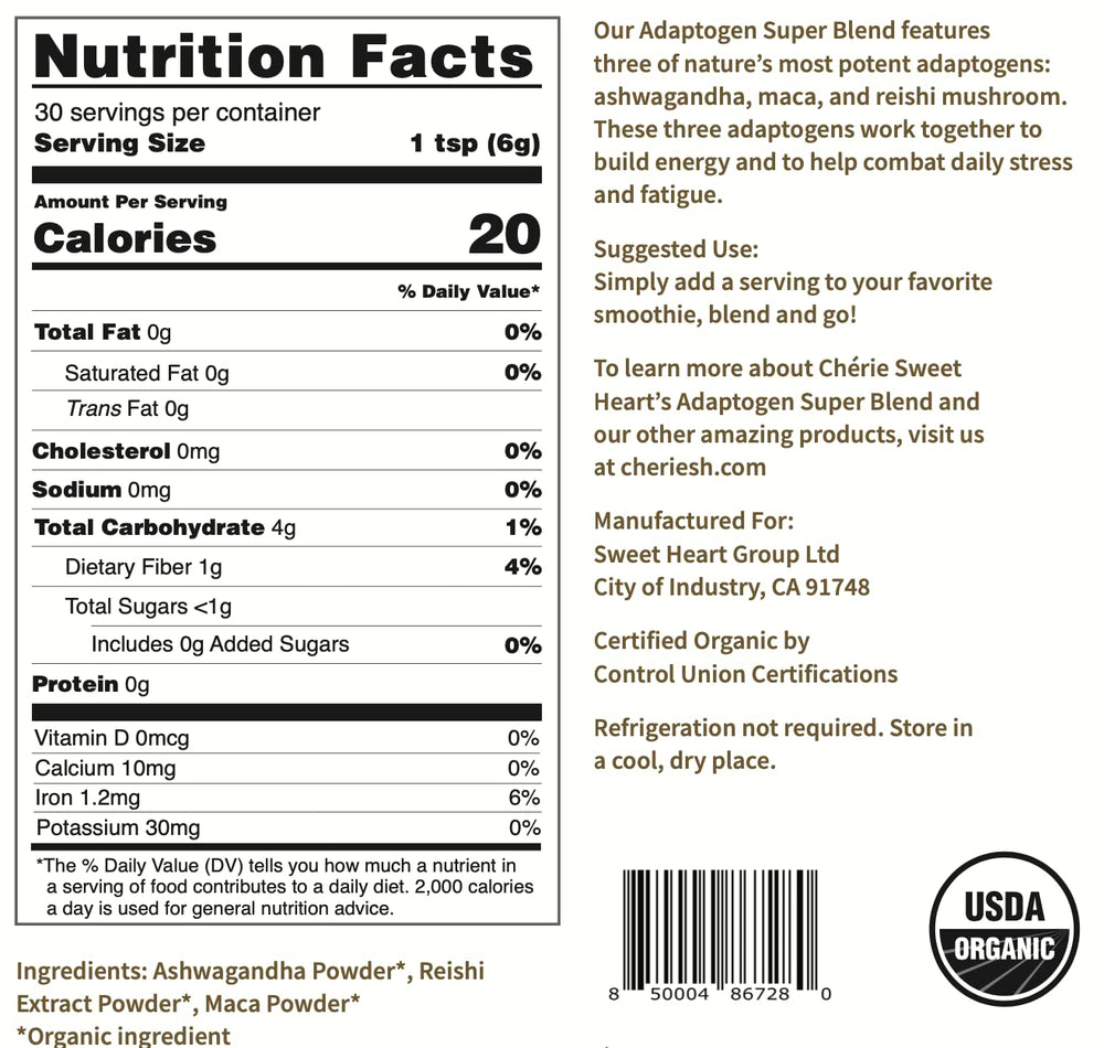 Ingredients show organic maca, reishi mushroom, and ashwagandha for the Adaptogen Super Blend