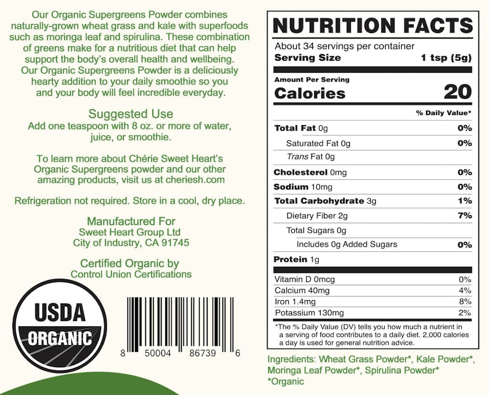 Close-up of Cherie Sweet Heart Supergreens Powder ingredients: wheat grass, kale, moringa, spirulina