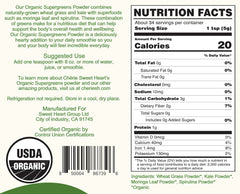 Close-up of Cherie Sweet Heart Supergreens Powder ingredients: wheat grass, kale, moringa, spirulina