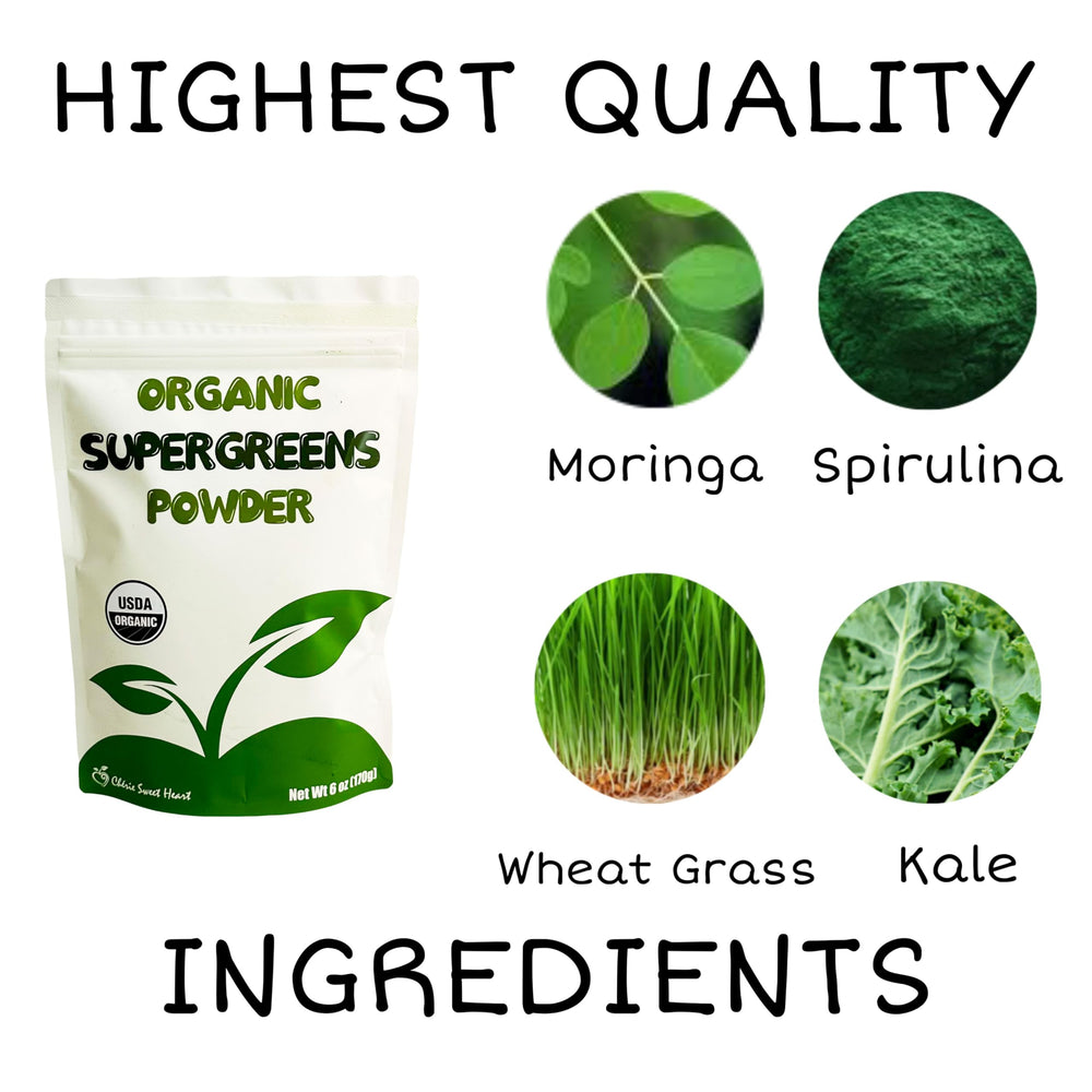 Organic greens powder blend including moringa, kale, wheatgrass and spirulina