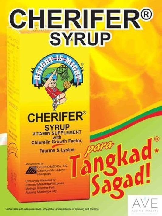Cherifer Syrup bottle showing Chlorella Growth Factor (CGF) and amino acids