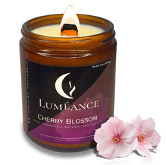 Close-up of cherry blossom candle with crackling wood wick