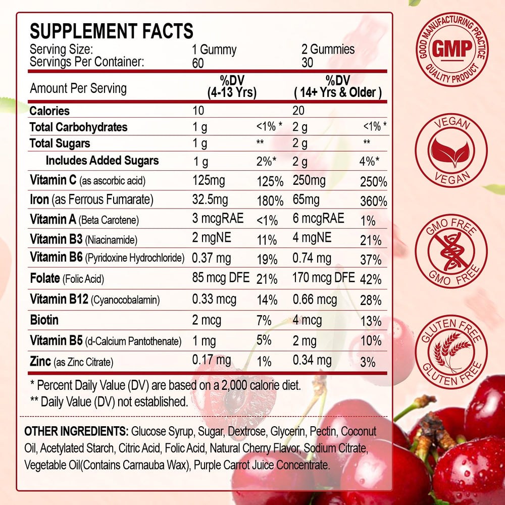Cherry-flavored vegan iron gummies