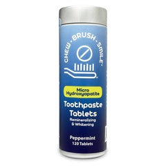 Front view of Chew Brush Smile micro hydroxyapatite toothpaste tablets 120-count Peppermint package