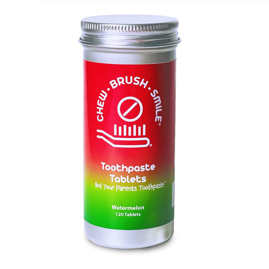 Chew Brush Smile Watermelon toothpaste tablets bottle in recyclable aluminum container