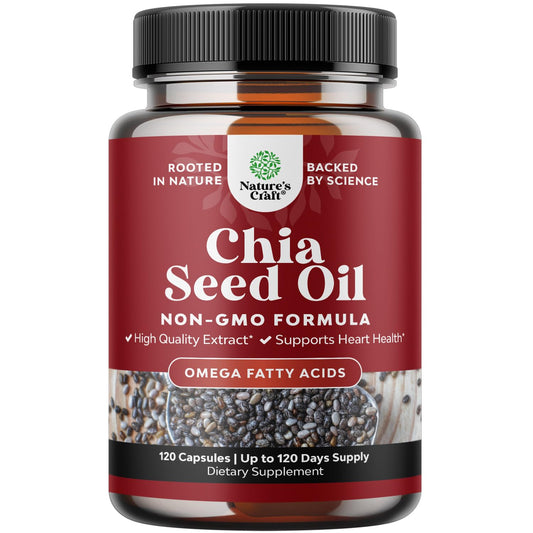 Bottle of chia seed oil capsules on white background