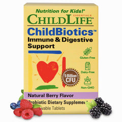 CHILDLIFE ESSENTIALS Childbiotics probiotic bottle label with 30 chewable tablets