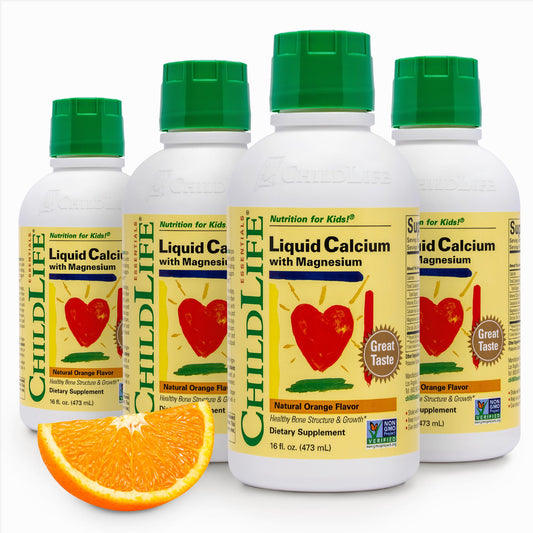 Front view of ChildLife Essentials Liquid Calcium for Kids orange-flavored bottle