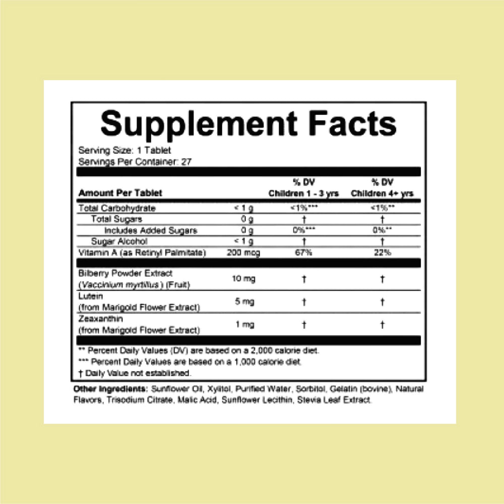 Label close-up showing ingredients include Vitamin A, Lutein, and Zeaxanthin