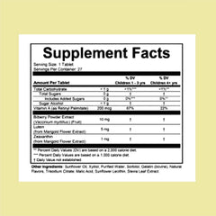 Label close-up showing ingredients include Vitamin A, Lutein, and Zeaxanthin