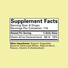 Product label showing 500 IU per serving for Vitamin D3 Drops