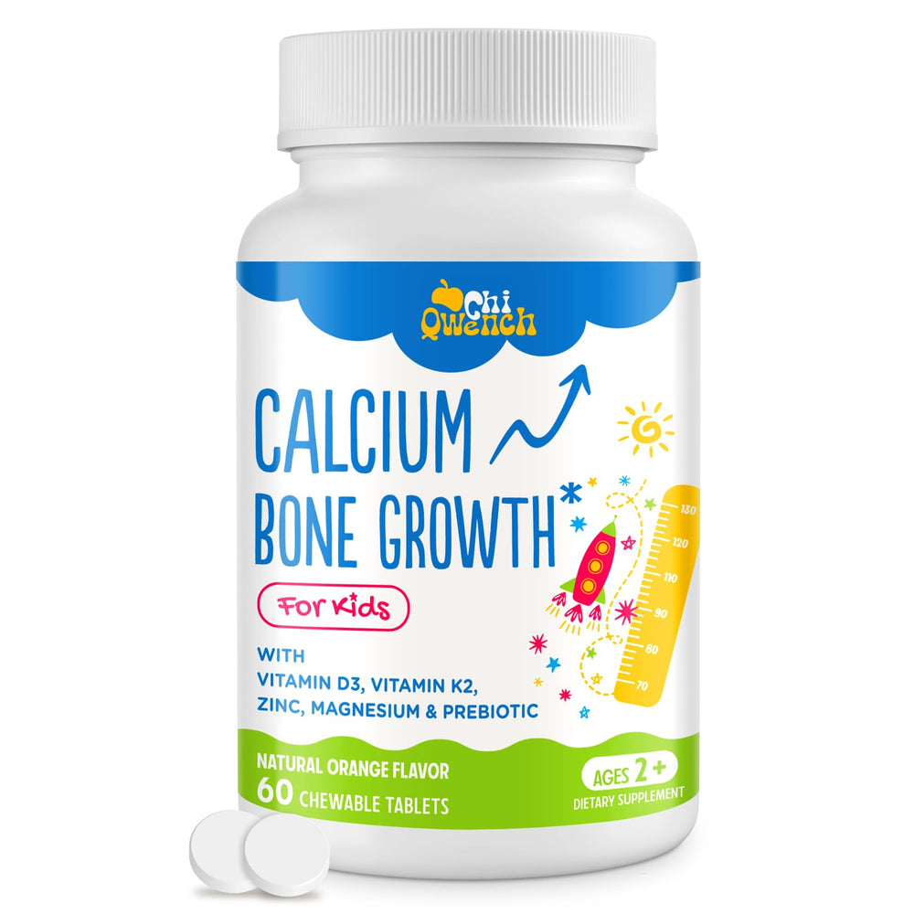 ChiQwench 500mg calcium with D3, K2, zinc, magnesium and prebiotics orange chewables front label