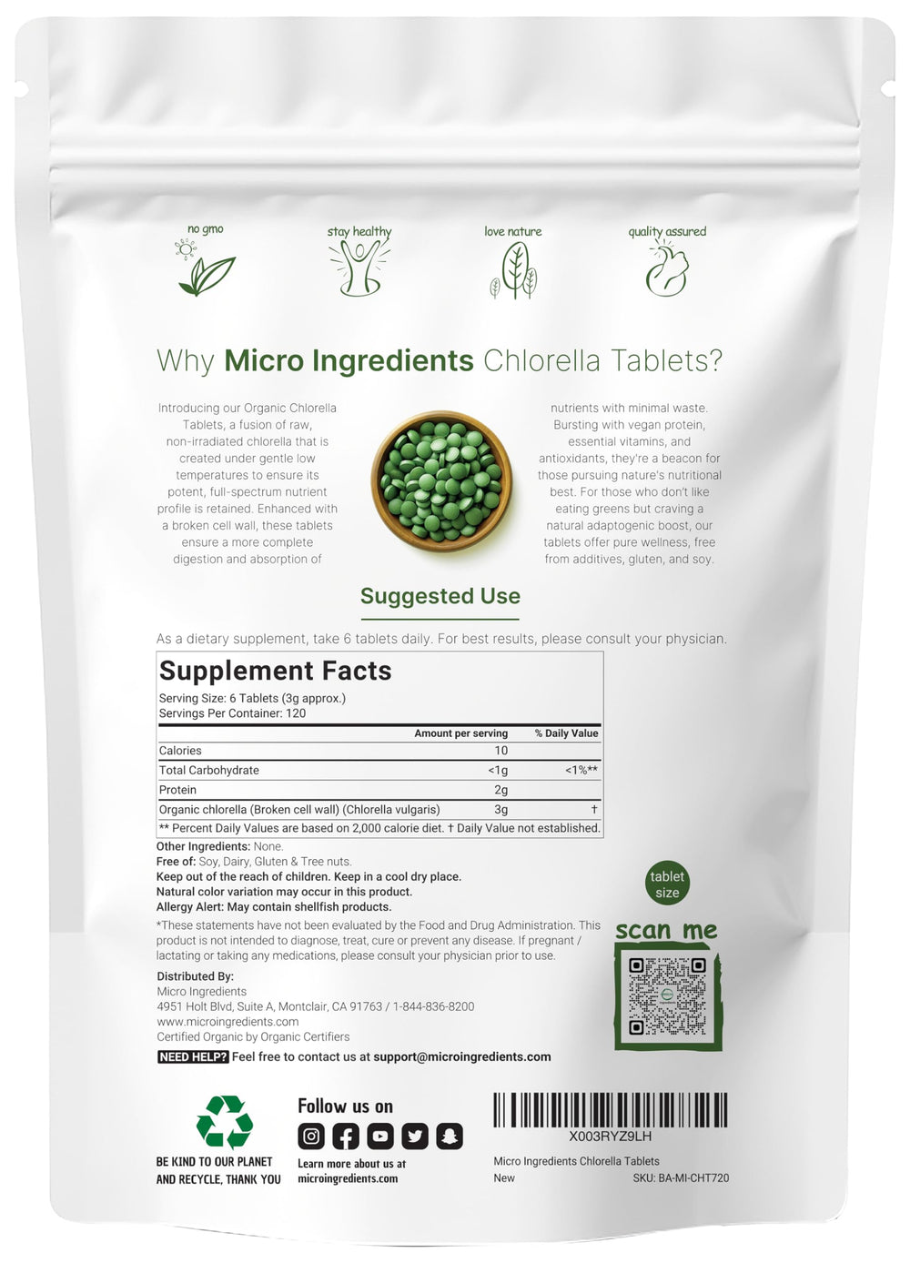 Close-up of chlorella tablets 500mg bottle