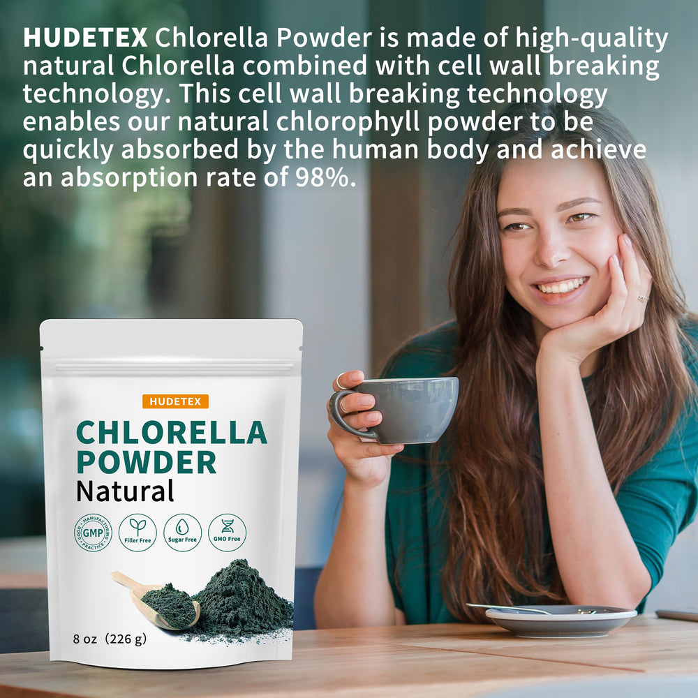 Fine green chlorella powder close-up