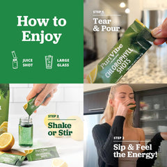 Row of nine stick packs for chlorophyll green juice shots
