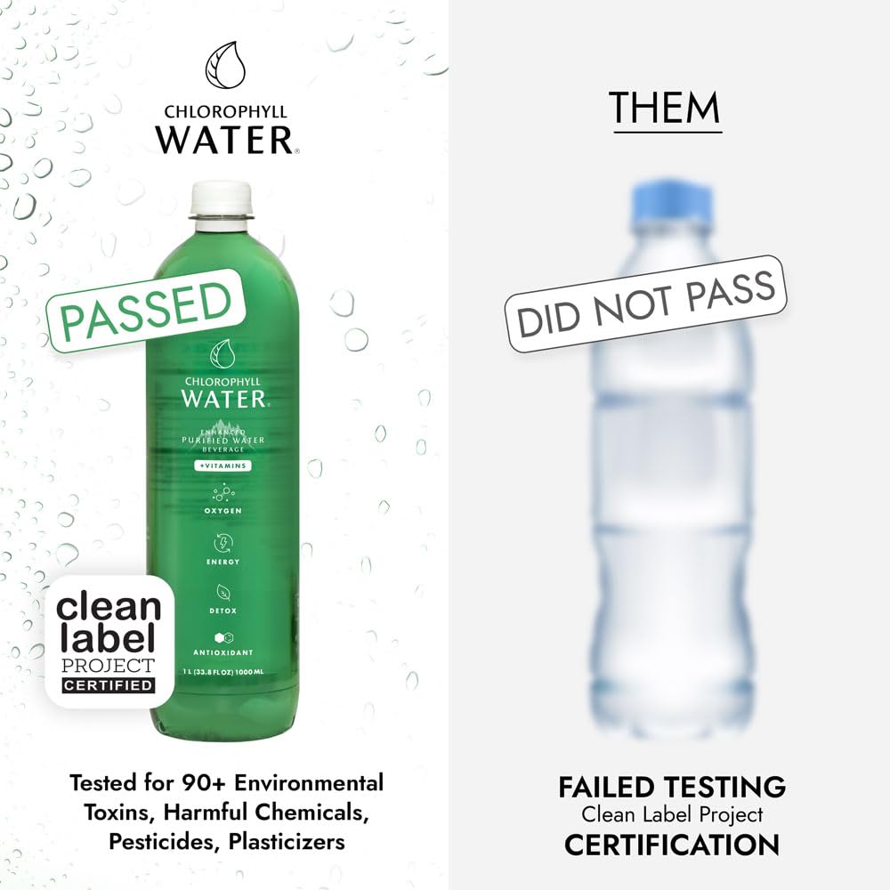Chlorophyll Water nutrition panel highlighting vitamins A, B12, C, and D