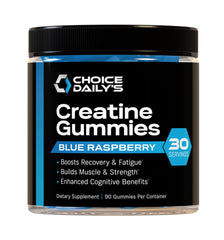 Front view of CHOICE DAILY’S Creatine Gummies Blue Raspberry bottle