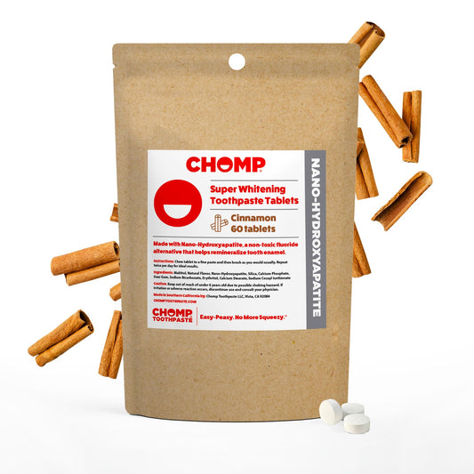 Chomp Cinnamon Toothpaste Tablets package with several tablets