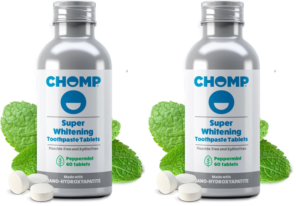 Front view of Chomp Super Whitening Toothpaste Tablets with nano hydroxyapatite (Pack of 2)