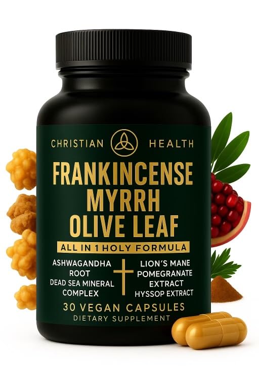 Front view of Christian Health Frankincense Myrrh Olive Leaf Capsules bottle