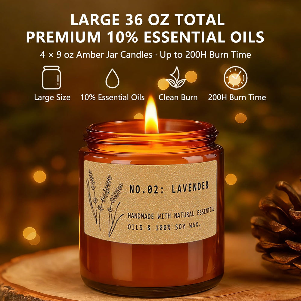 Four 9 oz amber jar candles arranged together