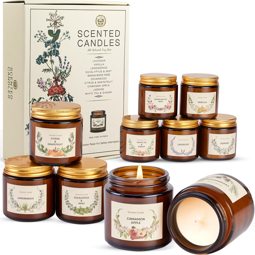 Ten premium soy candles in amber jars inside a festive holiday gift box