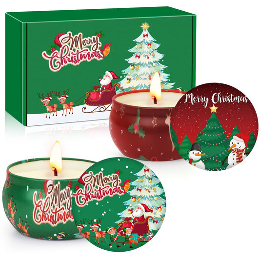 Two-pack Christmas candles featuring mint and juniper lavender scents in jars