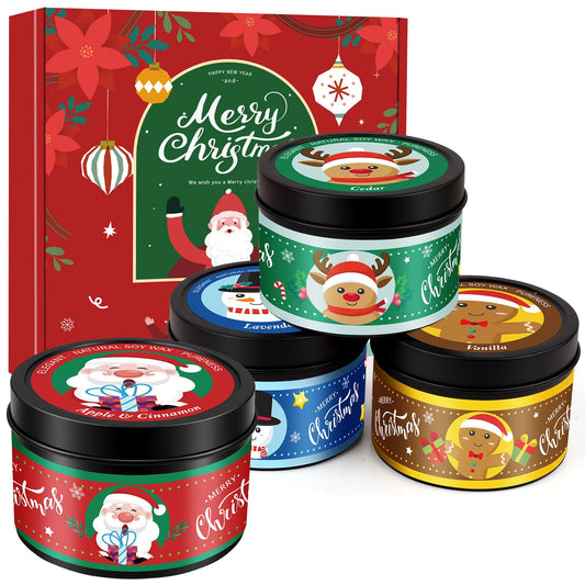 Four 4.6oz Christmas scented candles in decorative jars with Apple Cinnamon, Cedarwood, Vanilla, and Lavender scents
