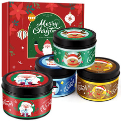 Four 4.6oz Christmas scented candles in decorative jars with Apple Cinnamon, Cedarwood, Vanilla, and Lavender scents