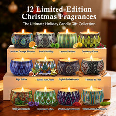 Assorted candle jars showing Bergamot, Campfire Marshmallow, and Apple Cinnamon scents