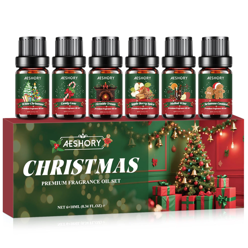 Six 10ml Christmas fragrance oils set including White Christmas, Candy Cane, Fireside Treats, Apple Berry Spice, Mulled Wine, Christmas Cookies