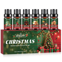 Six 10ml Christmas fragrance oils set including White Christmas, Candy Cane, Fireside Treats, Apple Berry Spice, Mulled Wine, Christmas Cookies