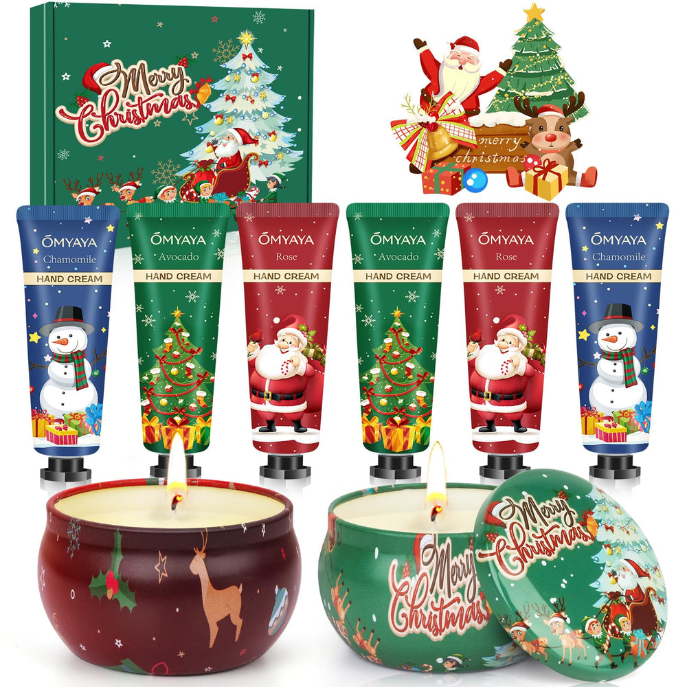 Bulk Christmas gifts for coworkers in a festive gift box with 2 candles and 6 hand creams