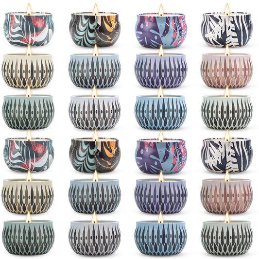 Assorted Christmas scented candle tins in a 24-pack collection