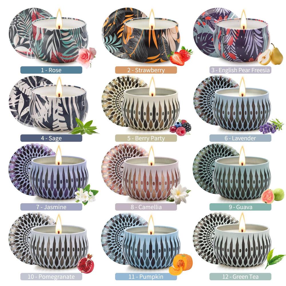 Close-up of 24-pack Christmas scented candle tins with assorted fragrances