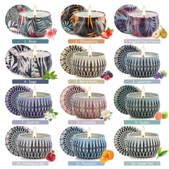 Close-up of 24-pack Christmas scented candle tins with assorted fragrances