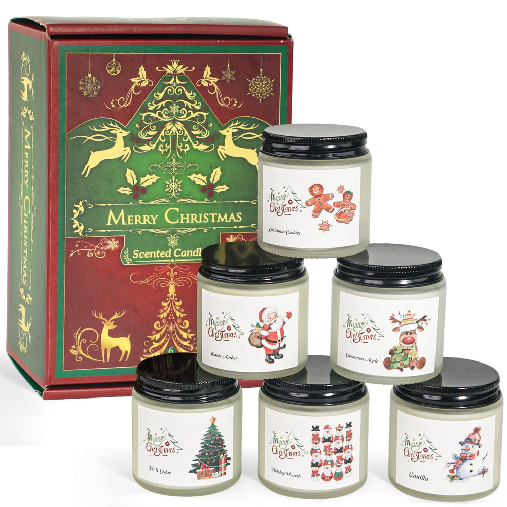 Six-pack of soy candles in frosted white jars with Christmas packaging