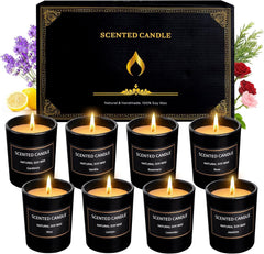 Eight-pack Christmas scented candles in matte black vessels, gift-ready